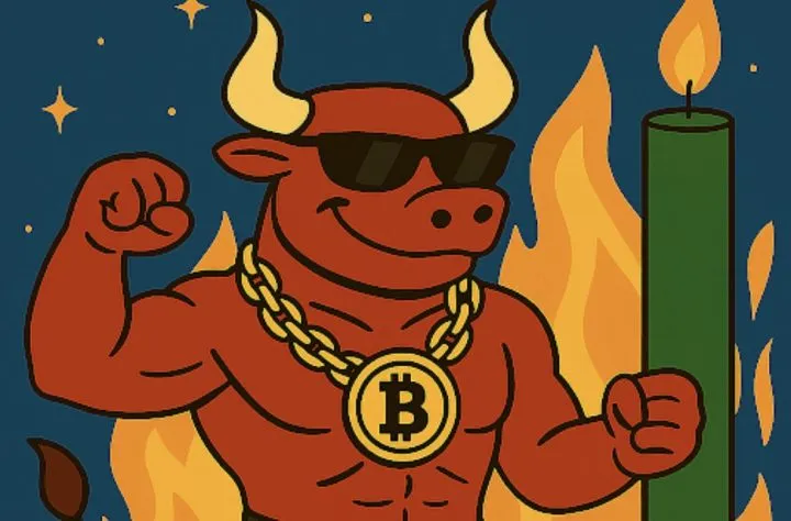 ビットコインのロゴがついた金のネックレスをかけ、サングラスをかけたマッチョな雄牛がキャンドルと炎を背景にガッツポーズするイラスト