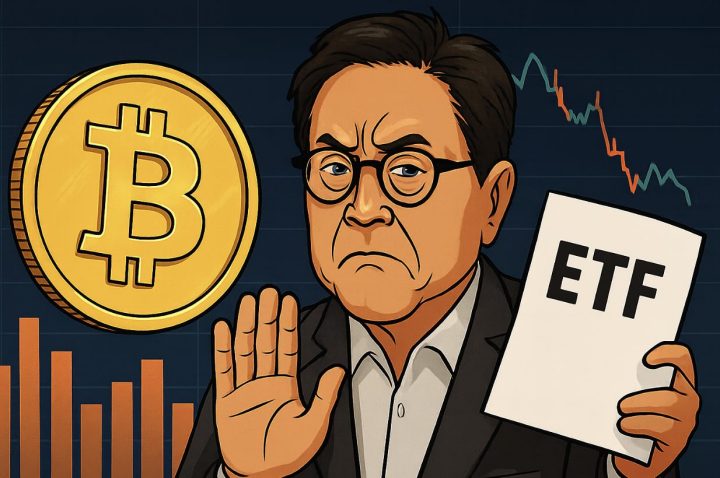 ビットコインとETFに対して警告する男性のイラスト、背景には下落するチャートと棒グラフが表示されている