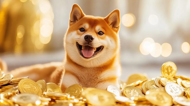ビットコインの金貨に囲まれて笑顔を見せる柴犬。仮想通貨ミームコインの象徴的なビジュアル