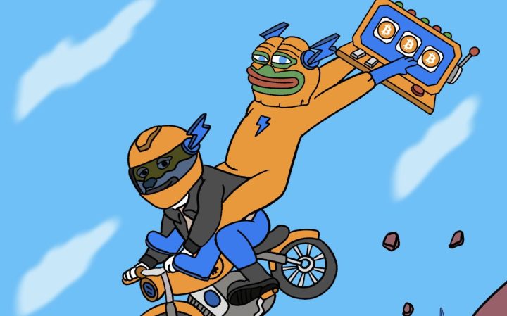バイクに乗る2体のミームキャラクター。後部のキャラはスロットマシンから3つのビットコインを出しながら空中を飛んでおり、スーツ姿の運転手と共に躍動感のあるシーンが描かれている