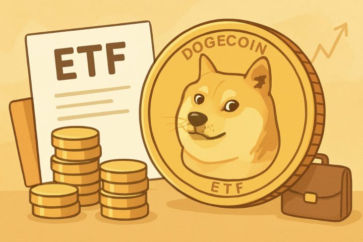 ドージコインETFを象徴するイラスト。大きな金色のドージコインにDOGEの犬の顔が描かれ、横にETFと書かれた書類、積み重なったコイン、ビジネスバッグが配置されている。背景には価格上昇を示す矢印が描かれている