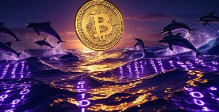 金色のビットコインロゴコインが中央に浮かび、背景には紫色に光るデジタルな海面とイルカの群れが跳ねている。海面には数字のビットパターンが描かれている。