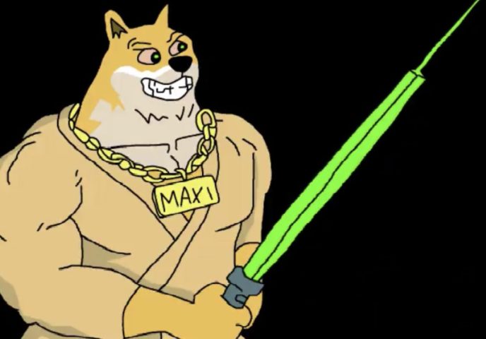 緑色のライトセーバーを構える筋肉ムキムキの柴犬キャラクターMAXI。金のネックレスを身に着け、黒背景の中で戦闘態勢を取っている