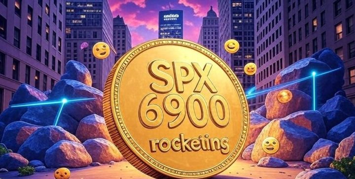 大きな金色のコインに『SPX 6900 rocketing』と刻まれ、背景にはロケットや笑顔の絵文字コインが飛び交っている。コインは都市の石畳の上に置かれ、華やかな雰囲気を演出している。