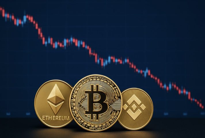 ビットコイン、イーサリアム、バイナンスコインのコインが並ぶ前景に、背景では仮想通貨市場の価格下落を示すローソク足チャートが表示されている画像