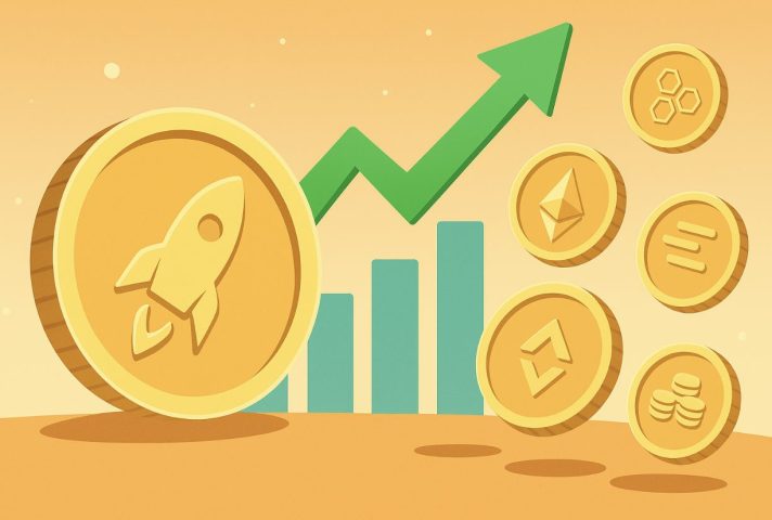 ロケットやイーサリアムなどを象徴する仮想通貨コインが上昇チャートとともに描かれ、価格高騰や成長トレンドを示すイラスト画像