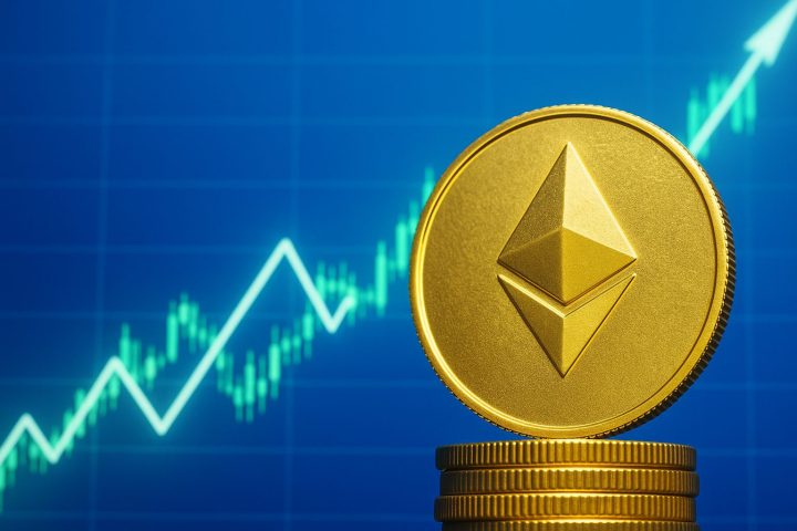上昇する価格チャートを背景にしたイーサリアムの金色コイン