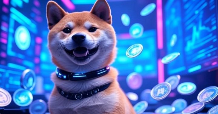 未来的なデジタル空間に浮かぶ柴犬（ドージコインのシンボル）。犬は笑顔で、周囲には青色のホログラムや暗号通貨のアイコンが浮遊しており、仮想通貨の可能性やテクノロジーを強調したイラスト。