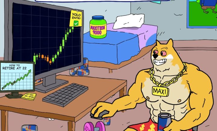 筋肉質な体格のドージ（犬のキャラクター）が机に座り、急上昇するチャートを見ながら満足そうに笑っている。机の上にはサプリメントのような瓶が置かれ、背景にはベッドとカレンダーがある。ミームコインの成長と極端なレバレッジ投資を象徴するコミカルなイラスト。