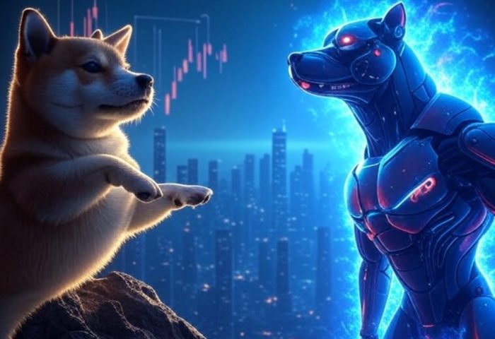 柴犬（ドージコインの象徴）が未来的な都市を背景に、サイボーグ化したロボット犬と向かい合っている。背後には暗号通貨チャートのような赤いローソク足グラフが浮かび、DOGEとMAXIの対立や可能性を象徴的に表現したイラスト。