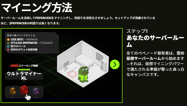 PEPENODEのマイニング方法を説明する画像。仮想のサーバールームの中でペペ風キャラクターが立っており、マイニングステップや操作ボタンが表示されている。