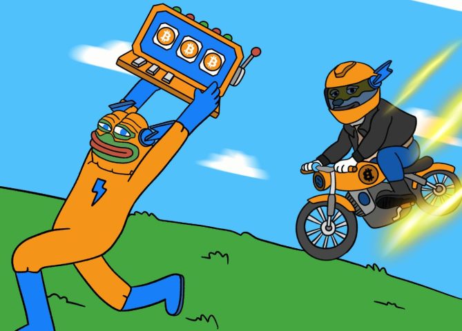 ビットコインマシンを掲げるBitcoin Hyperミームと、バイクで走る犬ミーム
