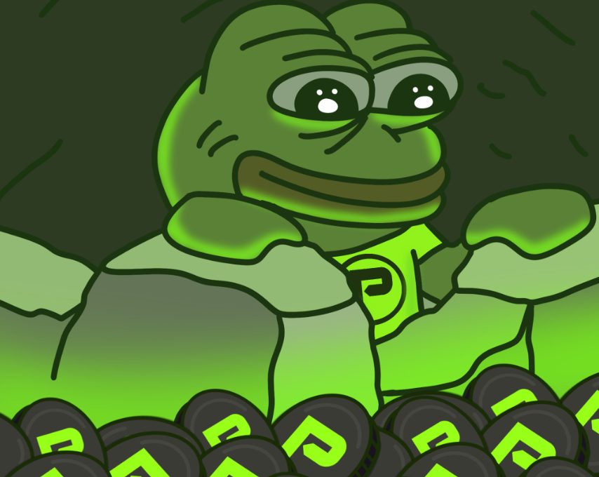 緑色のペペ風キャラクターがマイニングで得た仮想コインを眺めるイラスト。背景には暗号通貨のロゴが描かれ、仮想マイニングの成功を象徴している。