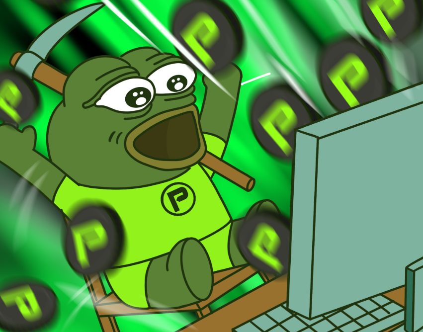 モニターの前で歓喜の表情を見せるペペ風キャラクター。背景には『P』のマークが飛び交い、マイニングの成功や利益の高まりを表現している。