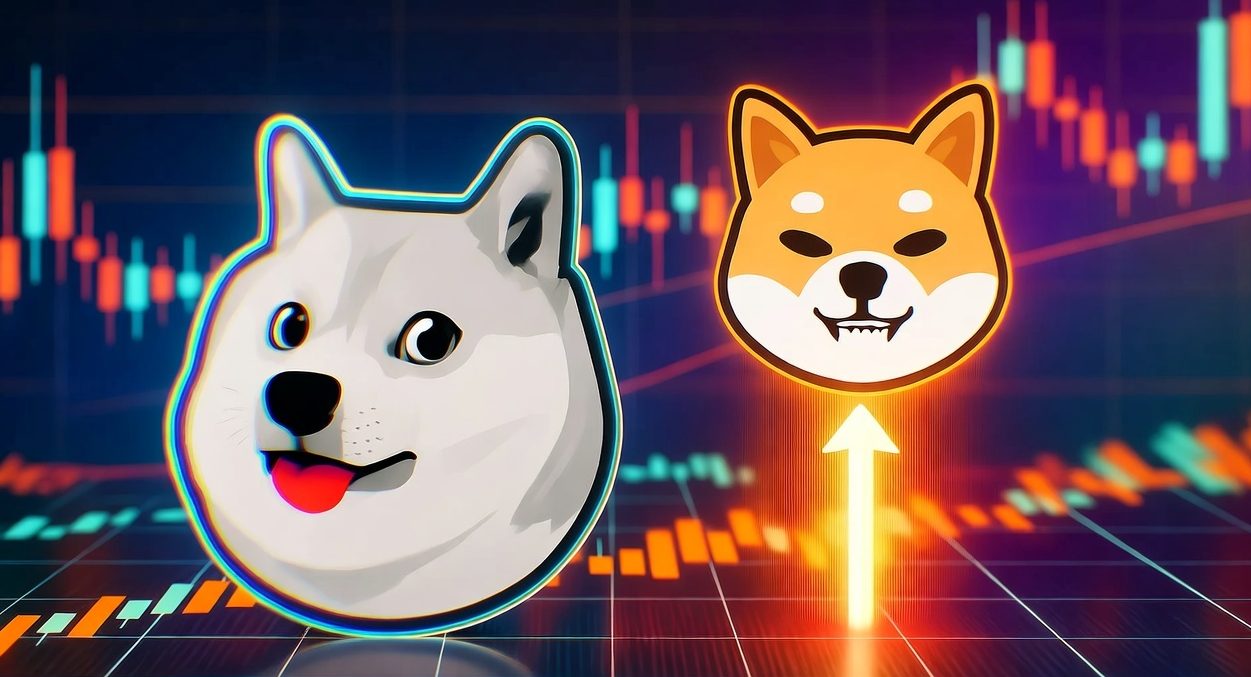 ドージコインと柴犬をモチーフにしたキャラクターがチャート背景に並ぶイラスト。下から上へ伸びる矢印が描かれ、上昇トレンドや強気相場のサインを示している。