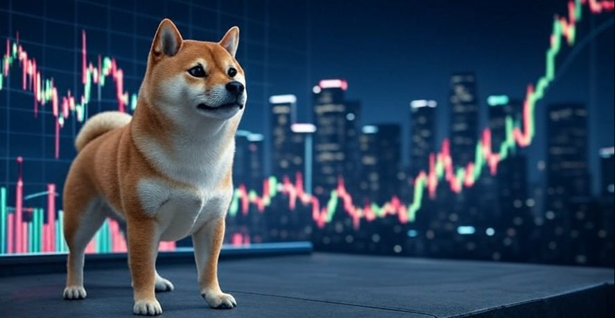 柴犬が都市の夜景と上昇チャートを背景に立つリアルなCG。背後のグラフは仮想通貨価格の上昇を示しており、強気相場や市場の活発化を象徴している。