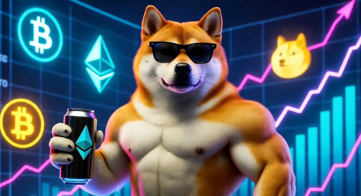 筋肉質な柴犬キャラクターがサングラスをかけ、仮想通貨チャートを背景にドリンク缶を持って立っている。背後にはビットコインやイーサリアムなどのロゴが輝き、強気な市場の雰囲気を演出している。