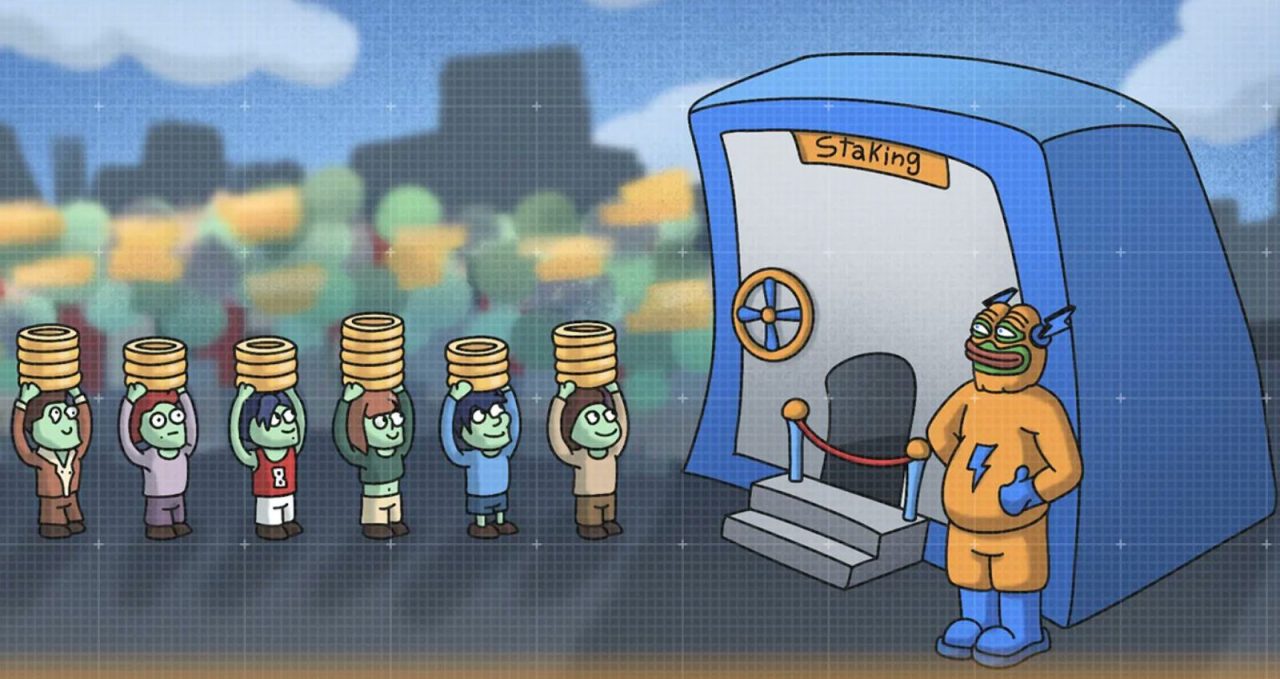 Bitcoin Hyperのミームがステーキングの建物に並ぶ投資家を監視している