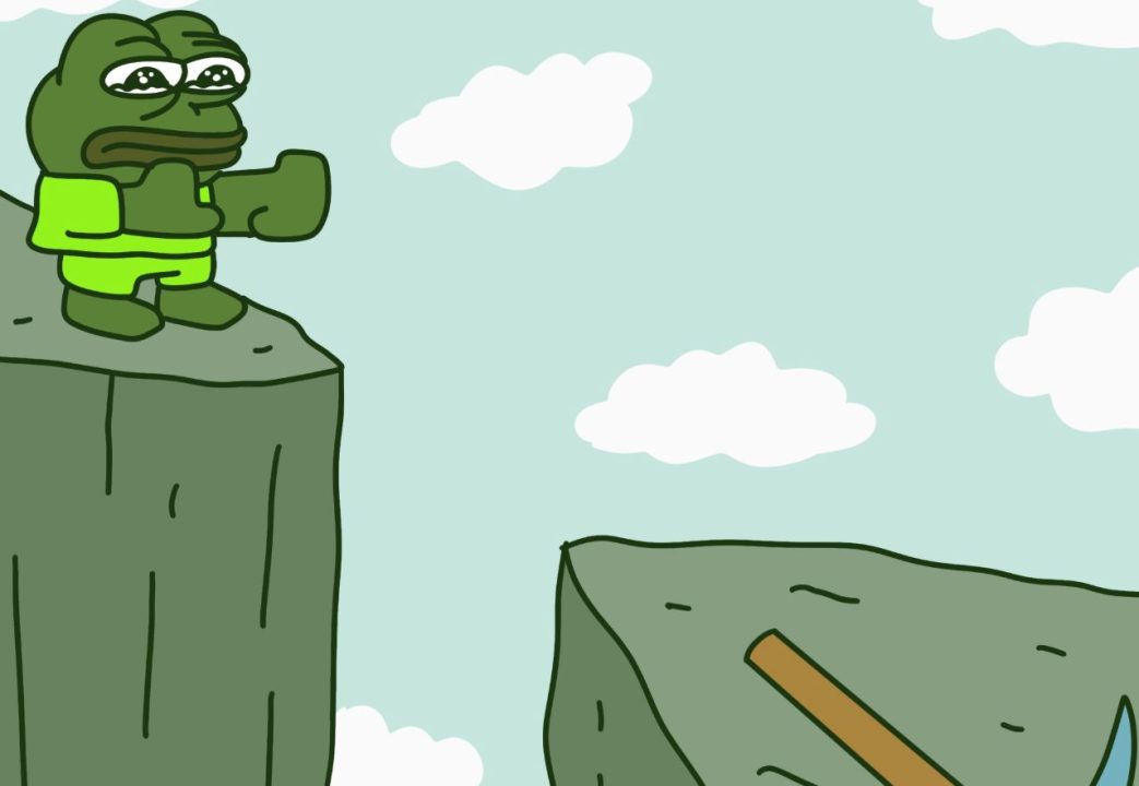 Pepenodeミームが向かいにある岩の上に泣きながら移動しようとしている様子