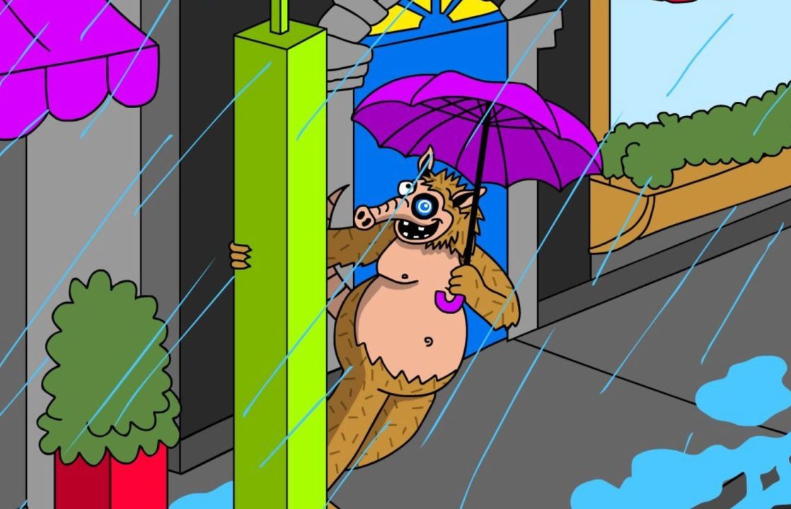 Snorter Botミームが雨の中雨宿りをしている様子