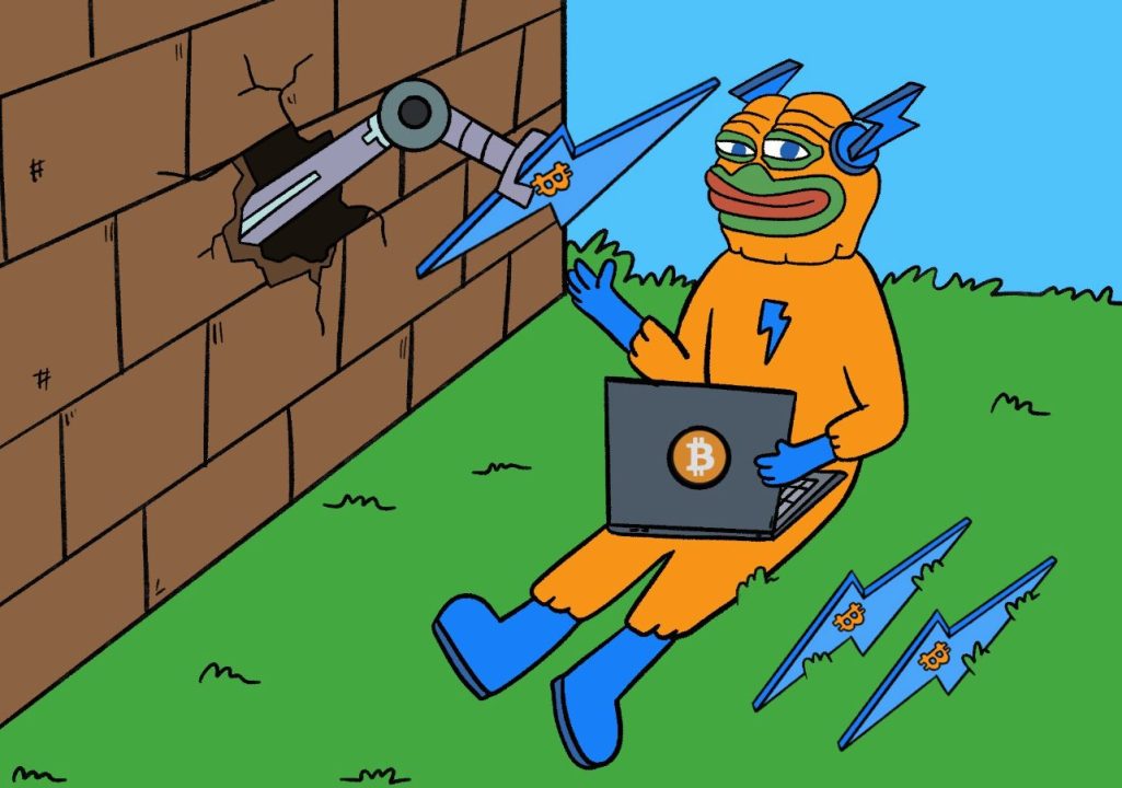 壁の前でノートPCを操作するBitcoin Hyperミームと飛ぶビットコイン形の刃のイラスト