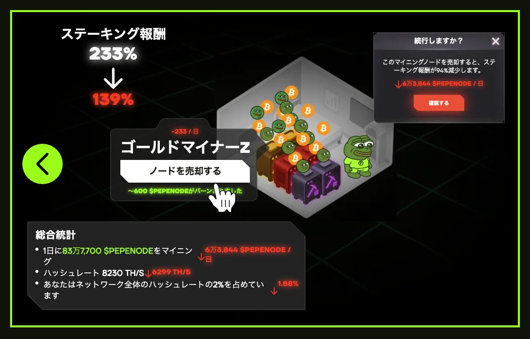 Pepenodeのマイニングプラットフォームのサンプル画面